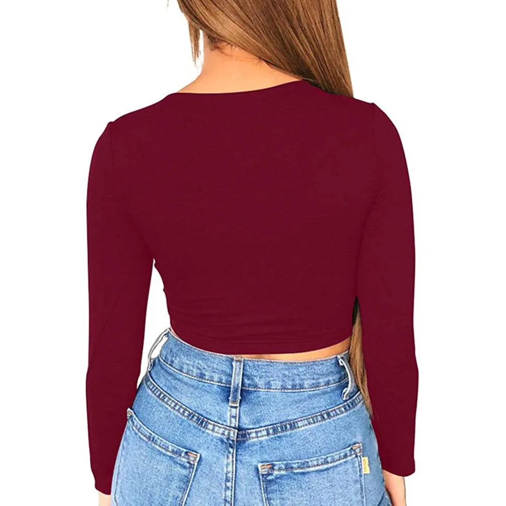 Women's Sexy Bodycon Scoop Neck Long Sleeve Slim Crop Top