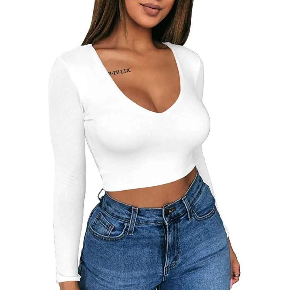 Women's Sexy Bodycon Scoop Neck Long Sleeve Slim Crop Top