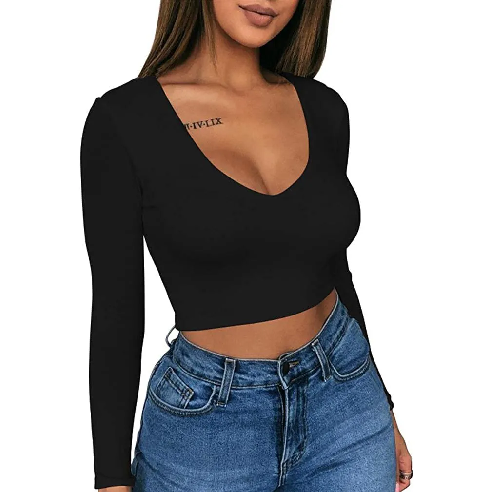 Women's Sexy Bodycon Scoop Neck Long Sleeve Slim Crop Top