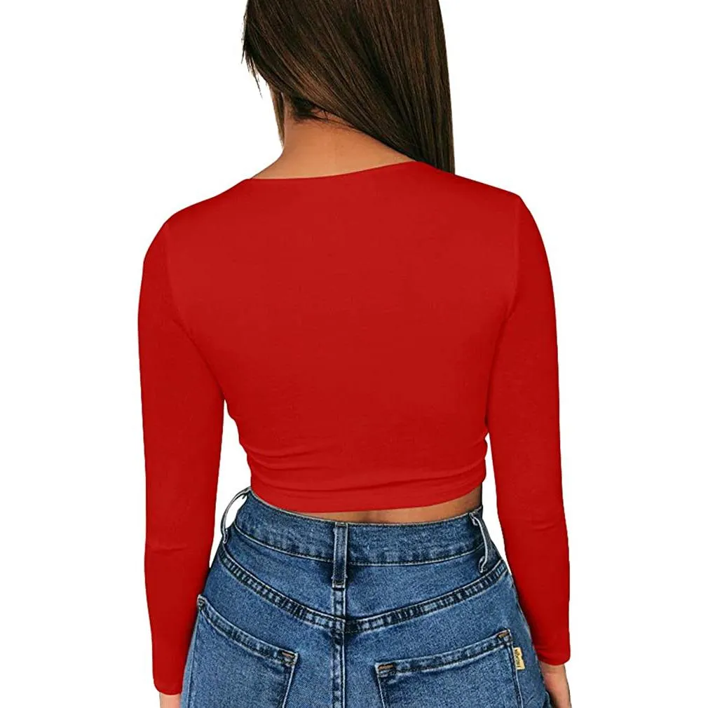 Women's Sexy Bodycon Scoop Neck Long Sleeve Slim Crop Top