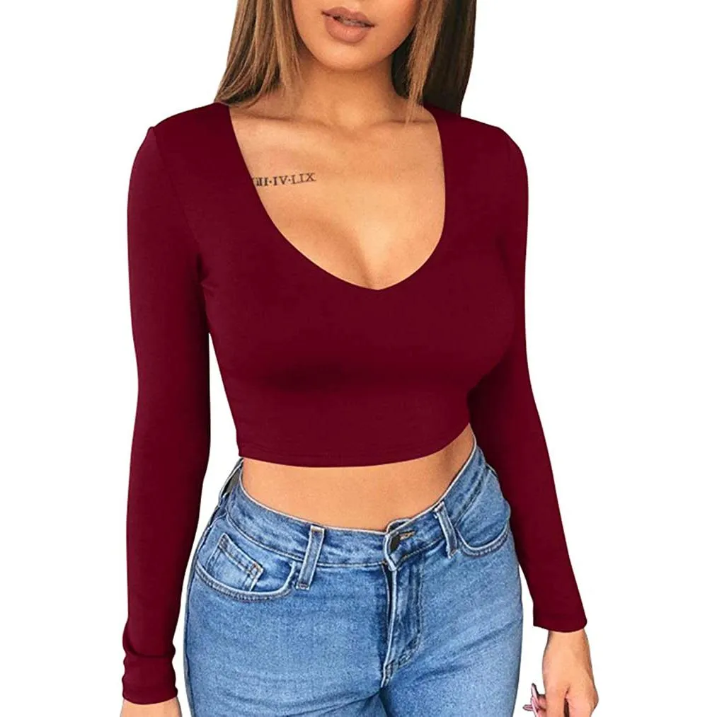 Women's Sexy Bodycon Scoop Neck Long Sleeve Slim Crop Top