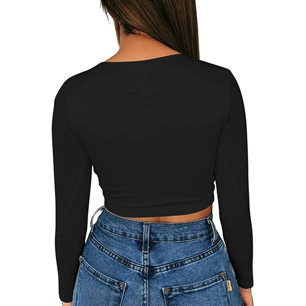 Women's Sexy Bodycon Scoop Neck Long Sleeve Slim Crop Top