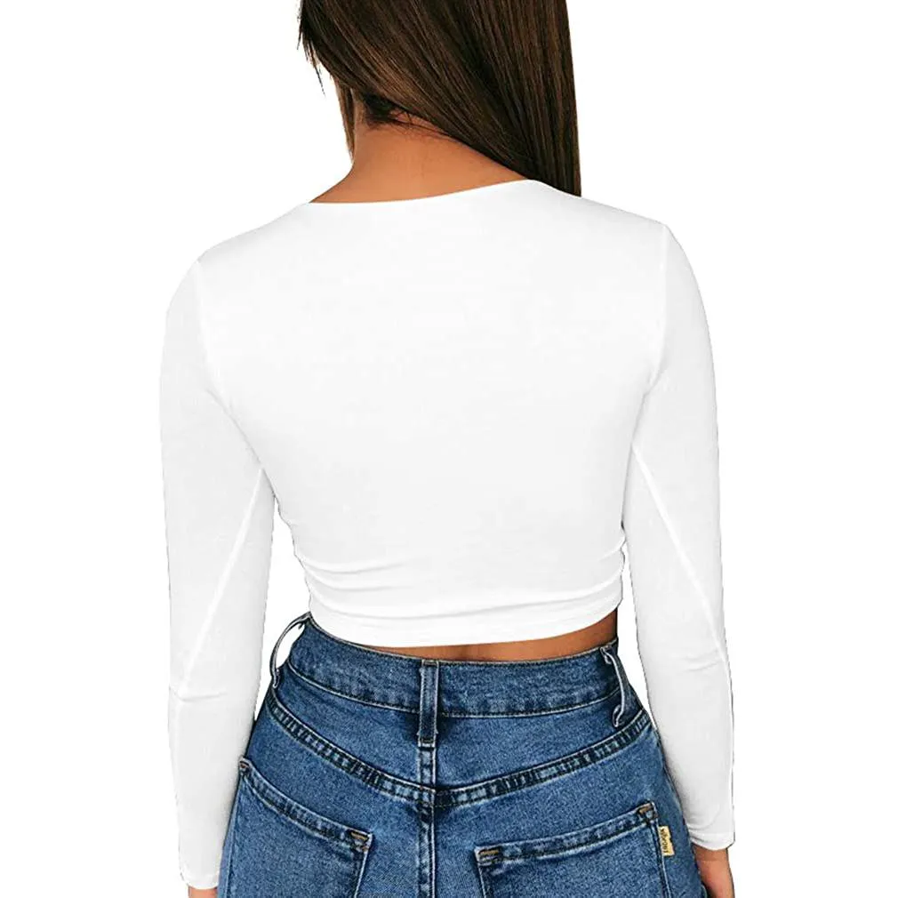 Women's Sexy Bodycon Scoop Neck Long Sleeve Slim Crop Top