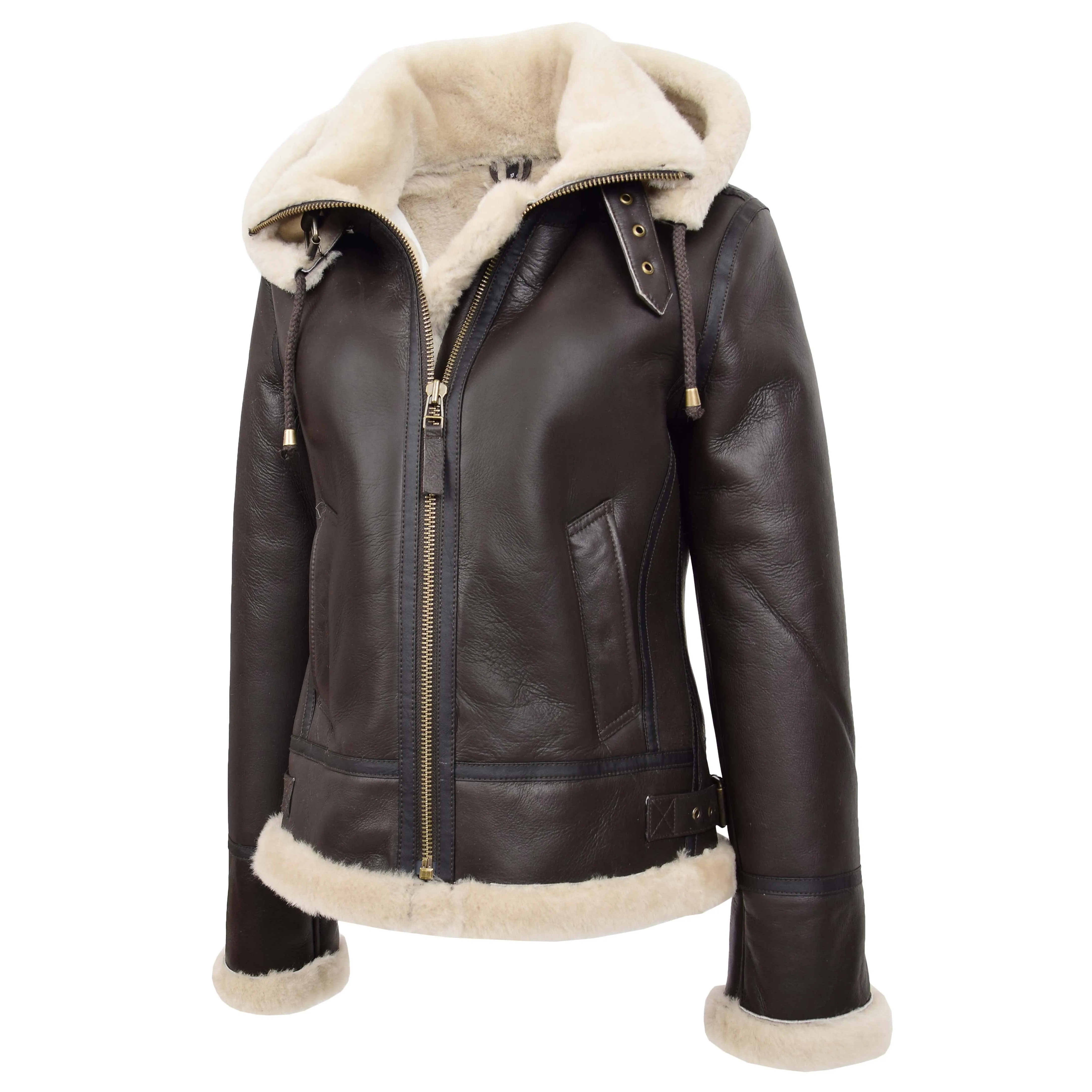 Womens Sheepskin B3 Detachable Hoodie Jacket Naomi Brown White