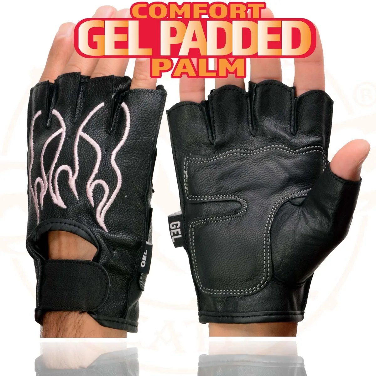 Xelement XG198 Women's Embroidered 'Flamed' Fingerless Black and Pink Motorcycle Leather Gloves