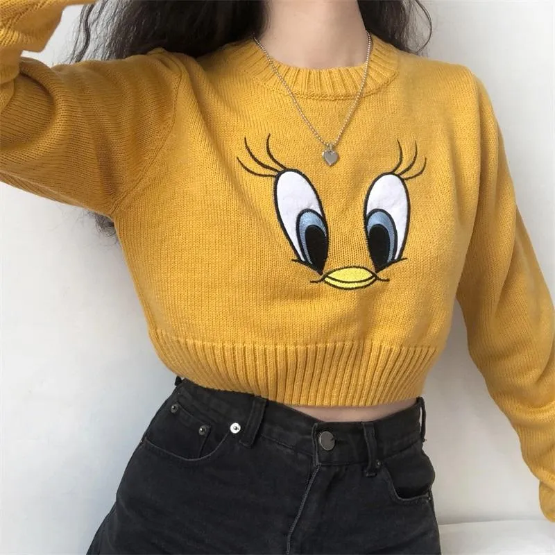 Yellow Tweety Embroidery Knitted Crop Sweater