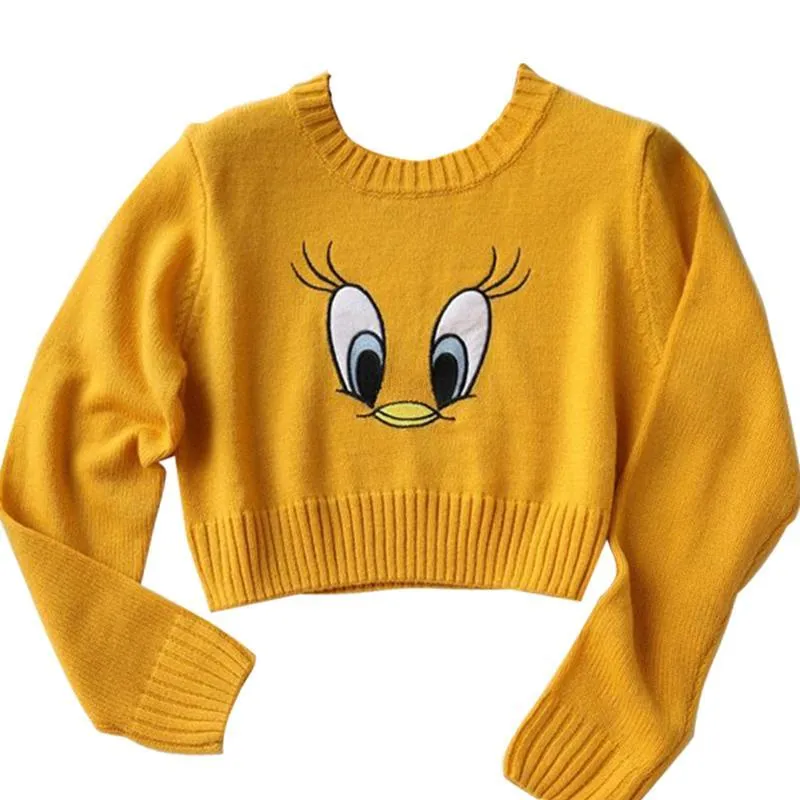 Yellow Tweety Embroidery Knitted Crop Sweater