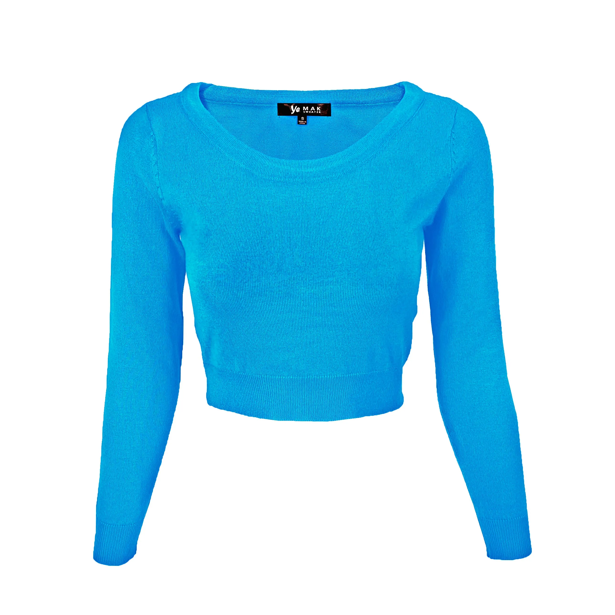 YEMAK Women's Stretch Crop Top Pullover Sweater - Long Sleeve Slim Bodycon Crewneck Basic Casual Pullover Solid  Cropped Knit Top MK3637 (S-XL)