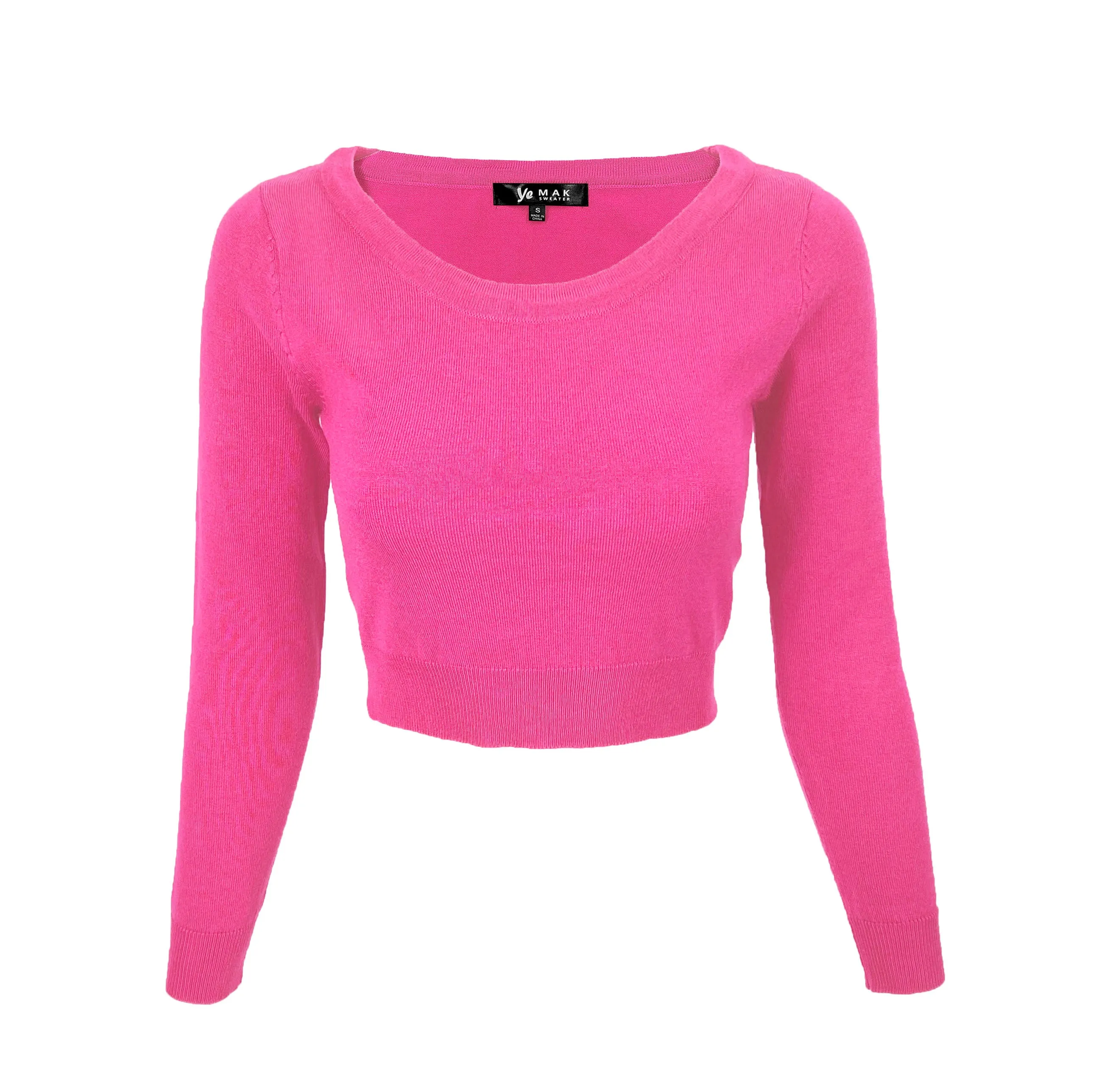 YEMAK Women's Stretch Crop Top Pullover Sweater - Long Sleeve Slim Bodycon Crewneck Basic Casual Pullover Solid  Cropped Knit Top MK3637 (S-XL)