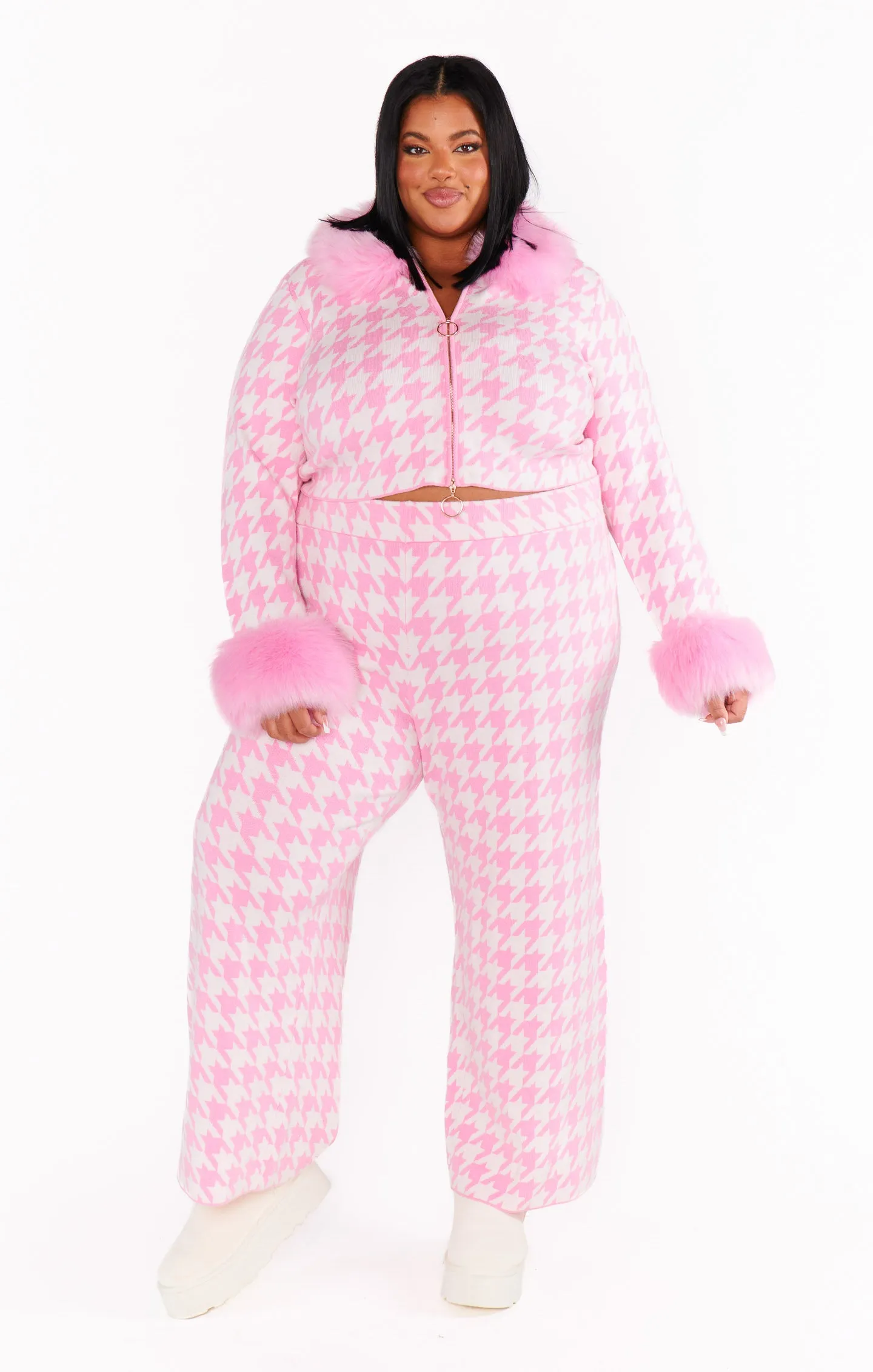 Zermatt Zip Up ~ Pink Houndstooth with Faux Fur